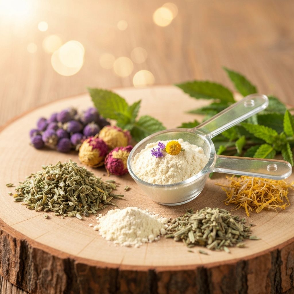 Active vitality complex powder with fresh botanicals and herbs on natural surface