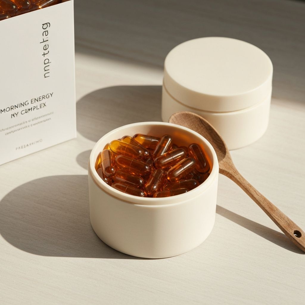 Morning energy complex capsules displayed in minimalist packaging